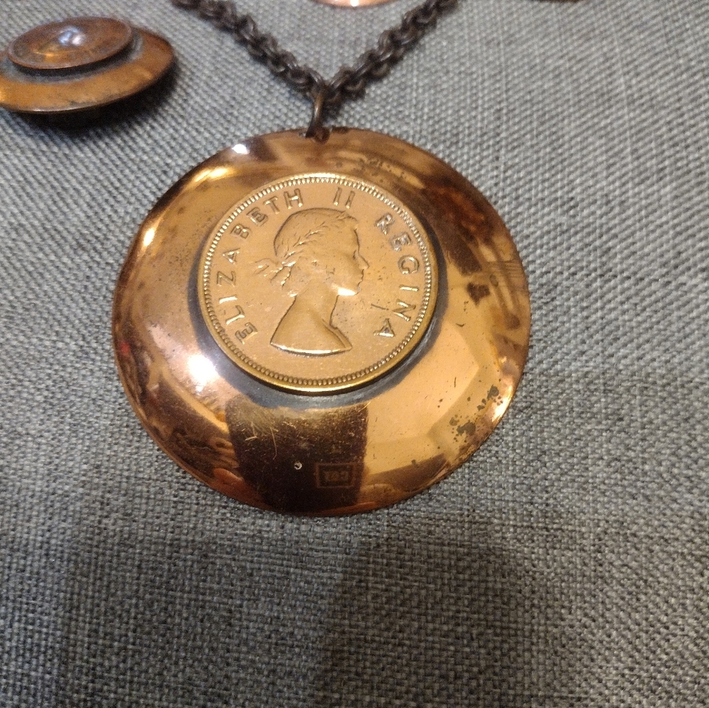 Lot Of 3: Vintage Copper Coin Set, Necklace, Bracelet, Clip Earrings